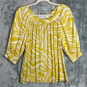 Trina Turk Top Womens Medium Yellow Balloon Sleeve Flowy Lightweight Silk Blend